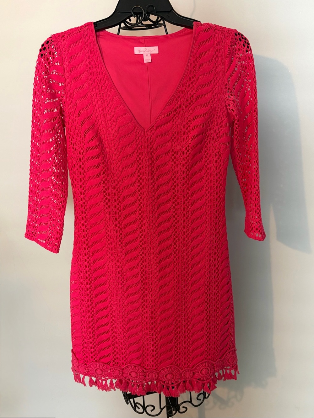 Lilly Pulitzer size XS Seminole knit lace tunic Hot Pink Crochet Mini Dress 💕